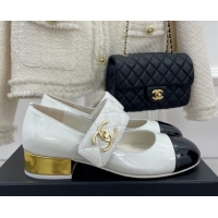 Crafted Chanel Patent Leather Mary Janes with CC Buckle G39732 White 022234