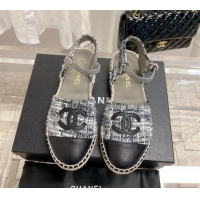 Best Price Chanel Tweed & Leather Open Espadrilles G38736 Grey/Black 022240