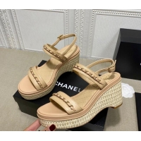 Fashion Chanel Calfskin Platform Wedge Sandals with Chain Beige 022249