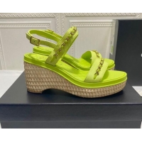 Luxury Chanel Calfskin Platform Wedge Sandals with Chain Green 022250