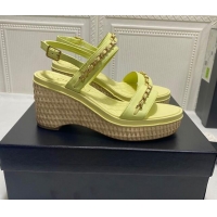 Pretty Style Chanel Calfskin Platform Wedge Sandals with Chain Yellow 022251