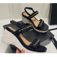 Best Product Chanel Tweed Platform Wedge Sandals with Chain Black 022252