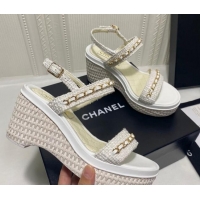 Best Grade Chanel Tweed Platform Wedge Sandals with Chain White 022253