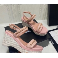 Luxury Chanel Tweed Platform Wedge Sandals with Chain Pink 022254