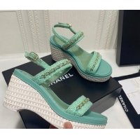 Grade Quality Chanel Tweed Platform Wedge Sandals with Chain Green 022255