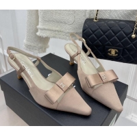 Popular Style Chanel Vintage Silk Slingback Pumps 5cm with Bow Nude 022257