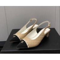 Discount Chanel Quilted Leather & Grosgrain Slingback Pumps 4.5cm with Chain G39643 Beige 022264