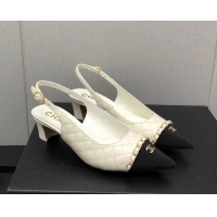 Most Popular Chanel Quilted Leather & Grosgrain Slingback Pumps 4.5cm with Chain G39643 White 022265