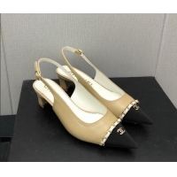 Charming Chanel Calfskin & Grosgrain Slingback Pumps 4.5cm with Chain G39643 Beige 022266