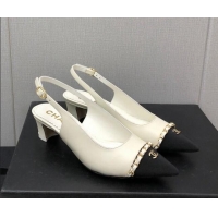 Good Quality Chanel Calfskin & Grosgrain Slingback Pumps 4.5cm with Chain G39643 White 022268