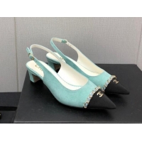 Grade Quality Chanel Suede & Grosgrain Slingback Pumps 4.5cm with Chain G39643 Light Green 022270