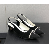 Classic Hot Chanel Suede & Grosgrain Slingback Pumps 4.5cm with Chain G39643 Black 022271