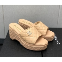 Best Grade Chanel Quilted Leather Wedge Platform Slide Sandals Beige 022272