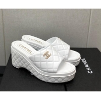 Top Grade Chanel Quilted Leather Wedge Platform Slide Sandals White 022273