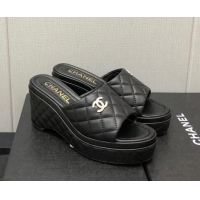 Perfect Chanel Quilted Leather Wedge Platform Slide Sandals Black 022274