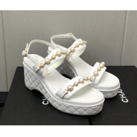 Stylish Chanel Leather Wedge Platform Sandals with Pearls Charm White 022275