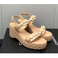 Fashion Luxury Chanel Leather Wedge Platform Sandals with Pearls Charm Beige 022276