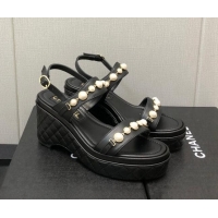 Fashion Chanel Leather Wedge Platform Sandals with Pearls Charm Black 022277