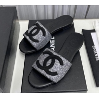 Best Product Chanel CC Glitter Flat Slide Sandals Silver/Black 022278