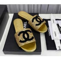 Pretty Style Chanel CC Glitter Flat Slide Sandals Gold/Black 022279