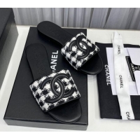 Purchase Chanel CC Tweed Flat Slide Sandals Black/White 022282