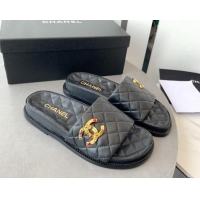 Luxurious Chanel Quilted Leather Flat Slide Sandals with Stone CC Black 022284