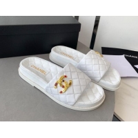 Luxury Chanel Quilted Leather Flat Slide Sandals with Stone CC White 022287