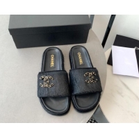 Discount Chanel Horse Hair Flat Slide Sandals with Stone CC Black 222889