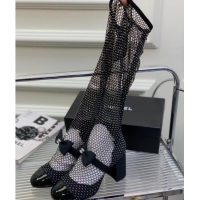 Good Quality Chanel Fabric & Mesh Mesh Ankle Boots with Crystals and Bow 8.5cm Black 2228103