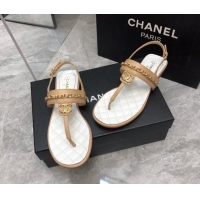 Durable Chanel Lambskin Flat Thong Sandals with Chain Beige 2228104