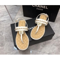 Stylish Chanel Lambskin Flat Thong Sandals with Chain White 228105