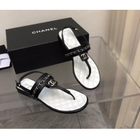 Grade Quality Chanel Lambskin Flat Thong Sandals with Chain Black 228106