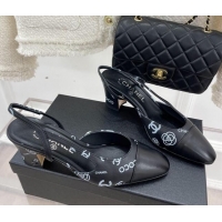 Luxury Chanel Print Lambskin Slingback Pumps 6cm Black 228111