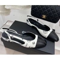 Low Cost Chanel Print Lambskin Flat Slingbacks White 2228112