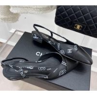 Unique Style Chanel Print Lambskin Flat Slingbacks Black 228113