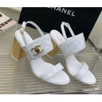 Stylish Chanel Patent Calfskin High Heel Sandals 9cm with Buckle White 022707