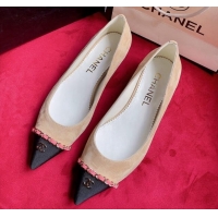 Sophisticated Chanel Suede Ballerinas with Chain Beige 022714