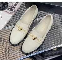 Top Grade Chanel Calfskin Loafers with Love Charm White 022721