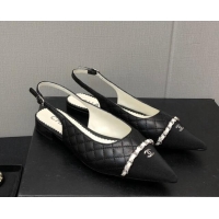 Grade Quality Chanel Quilted Leather & Grosgrain Slingback Flat with Chain G39643 Black 022730