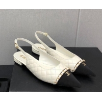 Durable Chanel Quilted Leather & Grosgrain Slingback Flat with Chain G39643 White 022731