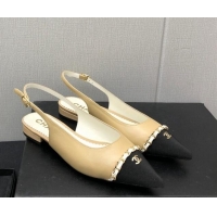 Best Price Chanel Calfskin & Grosgrain Slingback Flat with Chain G39643 Beige 022733