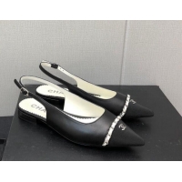 Discount Chanel Calfskin & Grosgrain Slingback Flat with Chain G39643 Black 022734