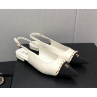 Most Popular Chanel Calfskin & Grosgrain Slingback Flat with Chain G39643 White 022735