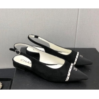 Classic Hot Chanel Suede & Grosgrain Slingback Flat with Chain G39643 Black 022737