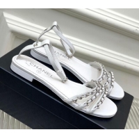 Hot Style Chanel Lambskin Flat Sandals with Chain White 022801