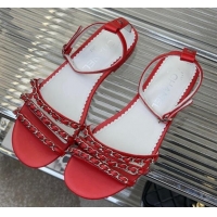 Fashion Chanel Lambskin Flat Sandals with Chain Red 022803