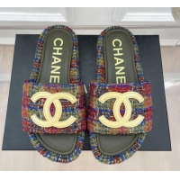 Discount Chanel Tweed Flat Slide Sandals Multicolor 030240