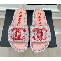 Pretty Style Chanel Tweed Flat Slide Sandals Pink/Red 030242