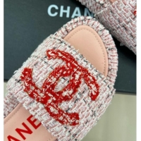 Pretty Style Chanel Tweed Flat Slide Sandals Pink/Red 030242