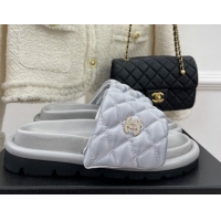 Good Quality Chanel Nylon Flat Slide Sandals Grey 030248